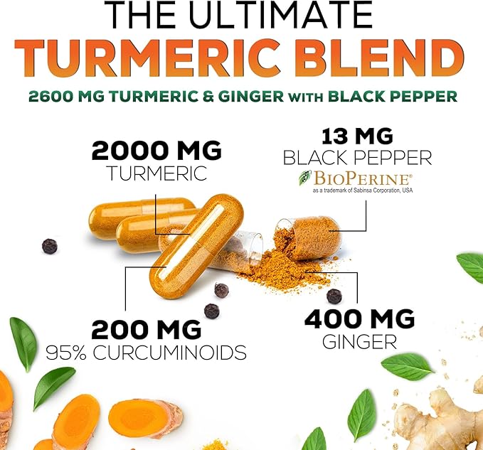 Turmeric Curcumin Supplement - 2000mg Organic Turmeric Per Serving - 95% Curcuminoids, Ginger & BioPerine Black Pepper for Best Absorption - Natural Vegan Joint Support, Bottled in USA - 60 Capsules