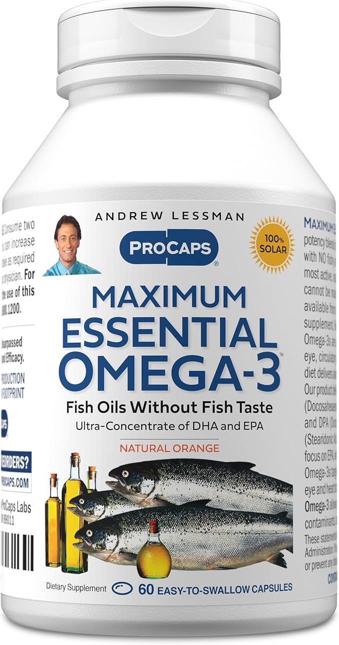 ANDREW LESSMAN Maximum Essential Omega-3 Orange - 60 Softgels - Ultra-Pure, High Potency Omega-3 Oils. High DHA, No Stomach Upset, No Contaminants, No Mercury. Small Easy to Swallow Softgels