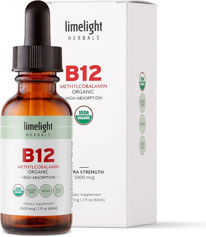 USDA Organic Vitamin B12 Liquid Drops 5000 mcg, Methylcobalamin, Sublingual, Fast Absorption, Cellular Energy, Metabolism Support, Nervous System, Mental Focus, Vegan, Non-GMO, 2 fl oz, 60 Servings