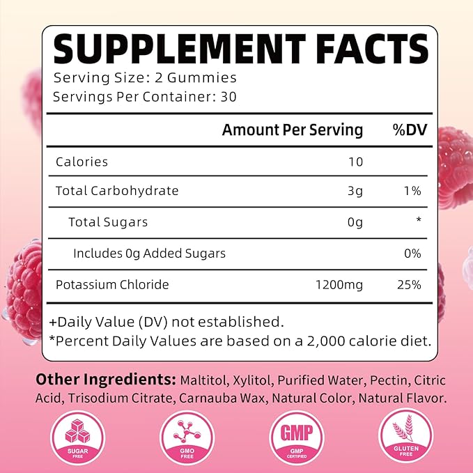 Pack of 2 Potassium Gummies, Potassium Chloride Gummies 1200mg for Adults, Sugar-Free Potassium Supplement Support Leg Cramps & Electrolyte Balance, Raspberry Flavor, 120 Count