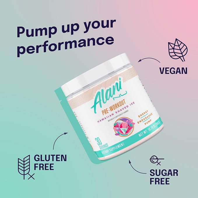Alani Nu Pre Workout Powder Hawaiian Shaved ICE, Amino Energy Boost, Endurance Supplement, Sugar Free, 200mg Caffeine, L-Theanine, Beta-Alanine, L-Citrulline, 30 Servings