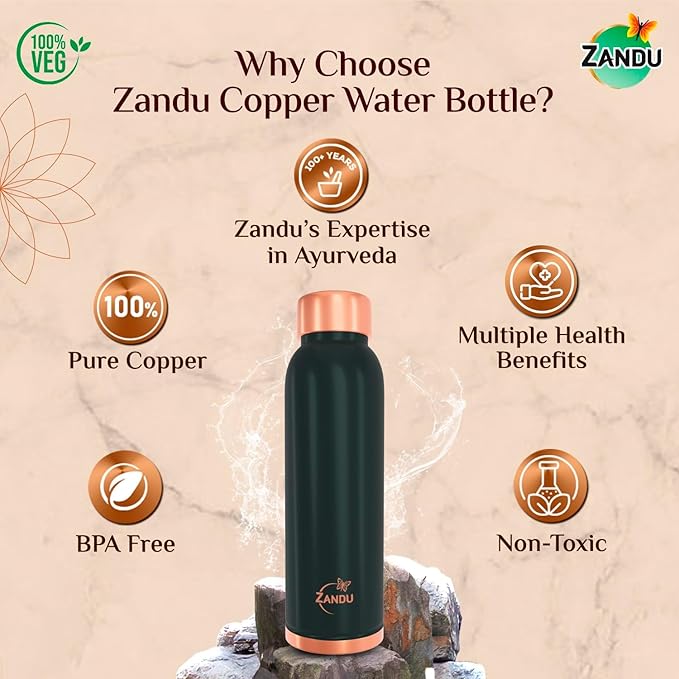 Zandu Copper Bottle (Green): Prepared with 100% Pure Copper | Useful in Promoting Overall Health (Pack of 950 ml)