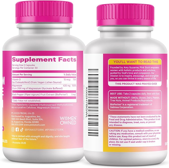 Pink Stork Magnesium Glycinate with Vitamin D - Magnesium Supplement for Women to Support Natural Calm - 2 Pack
