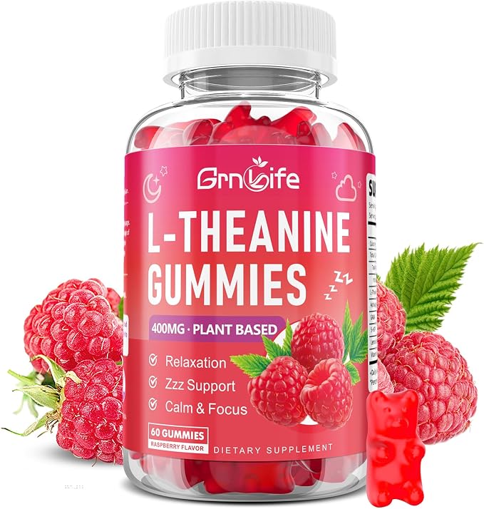 L-Theanine Gummies for Kids & Adults, L'Theanine 400mg with Ashwagandha, GABA, 5HTP, L Theanine Supplement for Calm, Zzz & Relaxation Support, Raspberry Flavor, 60 Counts