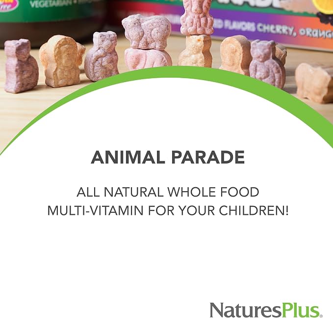 NaturesPlus Animal Parade Gold Children's Multivitamin - 120 Animal-Shaped Chewable Tablets - Assorted Cherry, Orange & Grape Flavors - Vegan, Gluten Free - 60 Total Servings