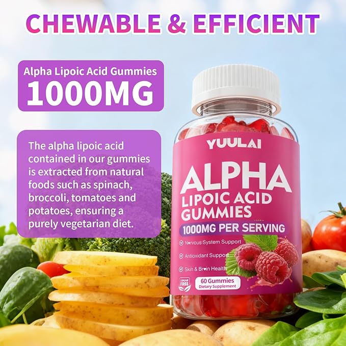Pack of 2 Alpha Lipoic Acid Gummies 1000MG with Biotin, High Absorption Chewable ALA Supplement for Antioxidant, Brain Health and Nerve Support, Raspberry Flavor, 120Count