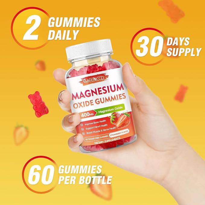 2 Pack Magnesium Oxide Gummies 400mg, Chewable Magnesium Oxide Supplement for Adults & Kids, Muscle Function Support, Non-GMO, Sugar-Free, Strawberry Flavor, 120 Count