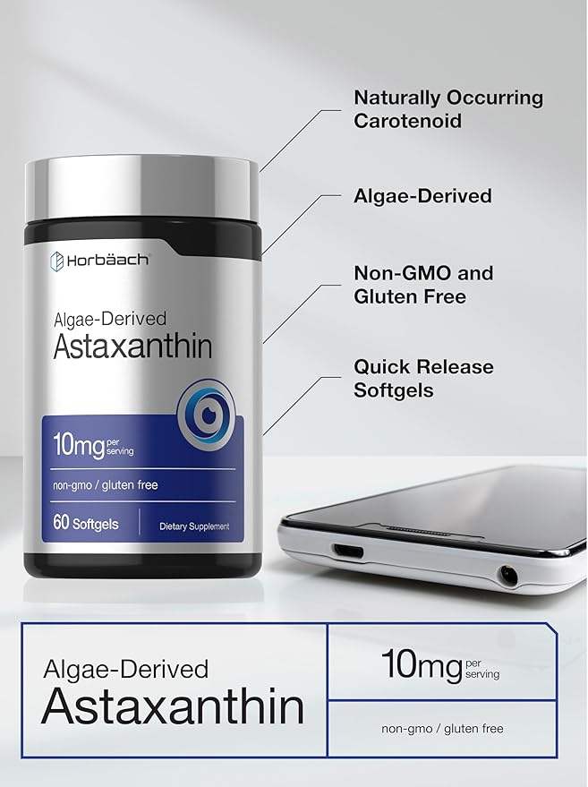 Horbäach Astaxanthin Supplements | 10mg | 60 Softgels | Algae Derived Formula | Non-GMO, Gluten Free
