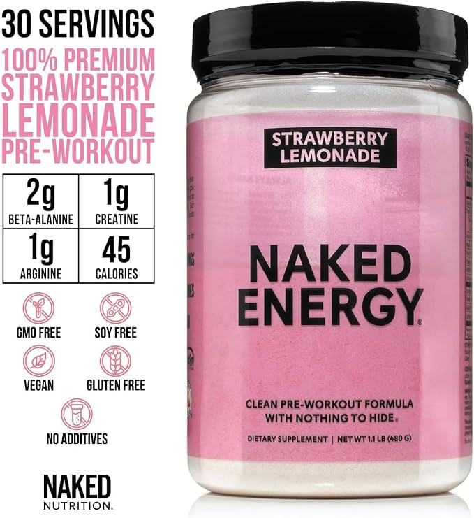 NAKED Strawberry Lemonade Energy - Clean Pre Workout Supplement for Men and Women, NSF Certified, Vegan Friendly, No Added Sweeteners, Colors Or Flavors - 30 Servings