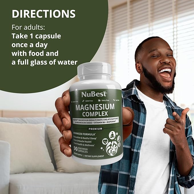 Magnesium Glycinate Chelate Complex with Albion Magnesium Bisglycinate Chelate, Vitamin B6 & BioPerine for Bone, Muscle, Natural Sleep, Nerve Function, Brain Booster | 3 Months Supply