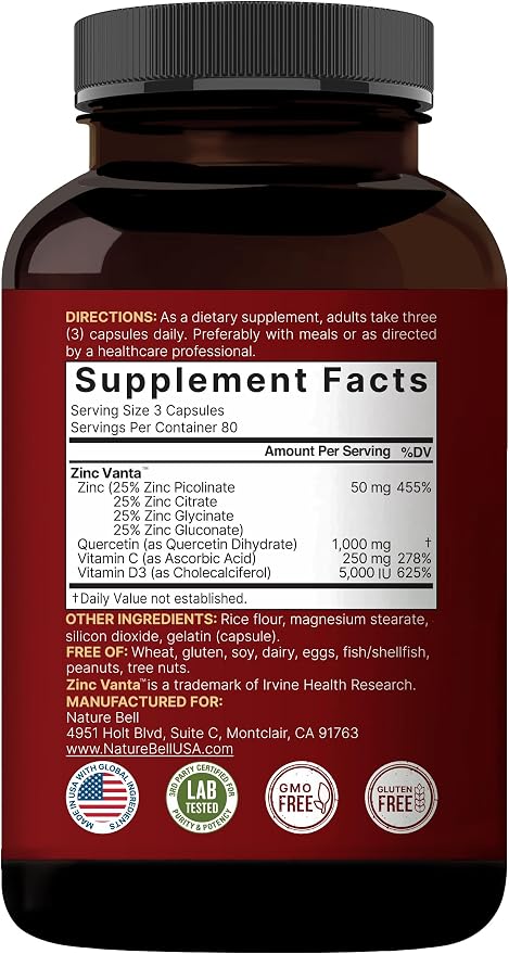 NatureBell Zinc Quercetin with Vitamin C & D3, 480 Capsules (2 Pack) | Quercetin 1,000mg + Zinc 50mg + Vitamin C 250mg + Vitamin D3 5,000 IU | 4-in-1 Advanced Immune & Lung Support | ZincVanta Formula