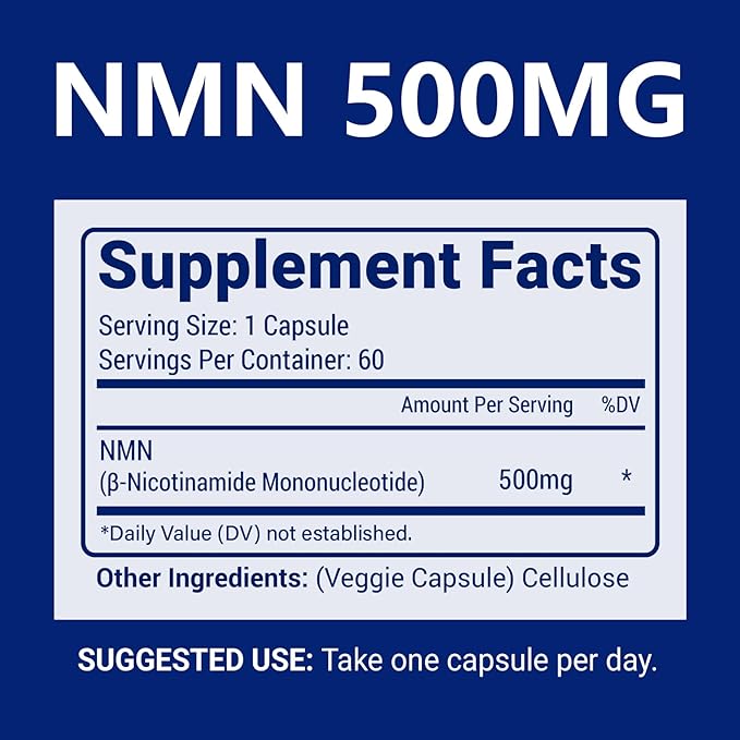 NMN 500mg Per Serving Maximum Strength - 99% Pure NMN (Nicotinamide Mononucleotide) for NAD, Cell, Immune, Energy, Anti-Aging & Longevity, Stabilized NMN Supplements 500mg - 60 Veggie Capsules