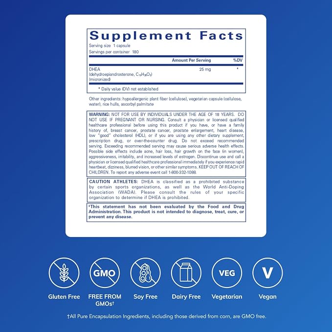 Pure Encapsulations DHEA 25 mg - Supplement for Immune Support, Hormone Balance, Metabolism Support, and Energy Levels* - with Micronized DHEA - 180 Capsules