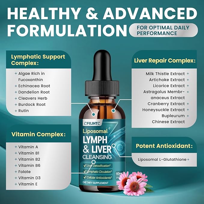2PCS Liposomal Lymphatic Drainage Drops - 21 in 1 Liver Cleanse Detox & Repair with Milk Thistle, Echinacea, Burdock Root, Liposomal Glutathione, Vitamin Complex ''Lymph-Liver'' Gut & Metabolic Health