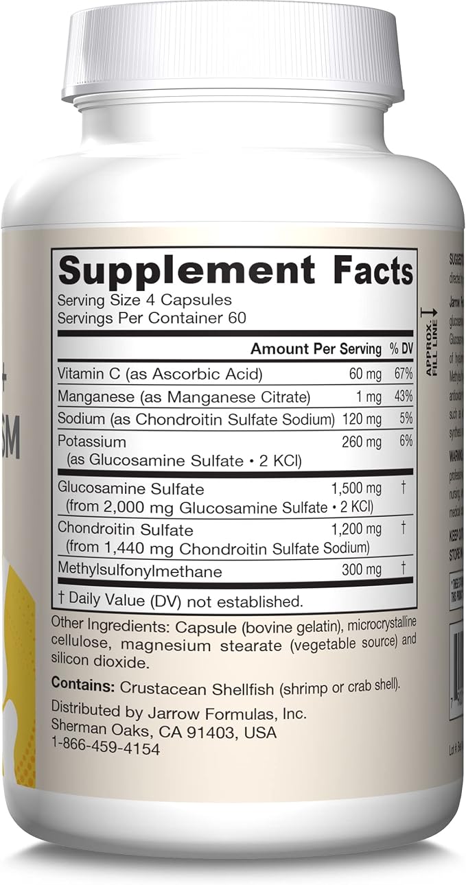 Jarrow Formulas Glucosamine, Chondroitin, and MSM Capsules; Joint Support Supplement with Vitamin C and Manganese, Bone & Joint Health, 240 Capsules, 60 Day Supply