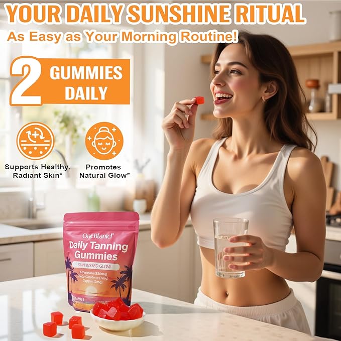 Daily Tanning Gummies - Natural Sun-Free Glow - with L-Tyrosine & Beta-Carotene to Enhance Tan, Nourish & Protect Skin, Watermelon Flavor, 60 Count