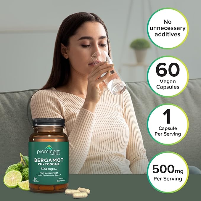 Prominent Nutrition Bergamot Phytosome, Clinically Researched Vazguard Citrus Bergamot Extract for Cholesterol and Heart Health Support, Enhanced-Absorption Supplement, 500 mg, 60 Capsules - 2 Pack