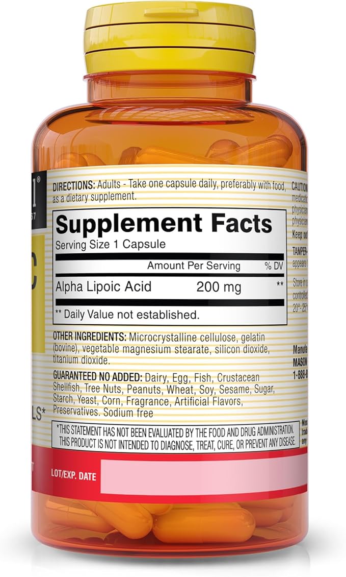 MASON NATURAL Alpha Lipoic Acid 200 mg, Supports Energy Production, Dietary Supplement, 60 Capsules