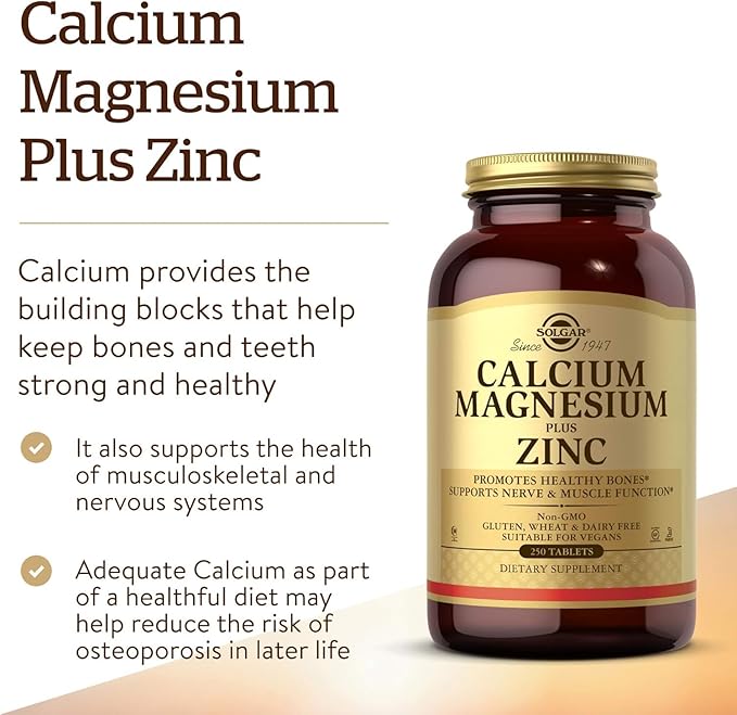 Solgar Calcium Magnesium Plus Zinc, 250 Tablets - Promotes Healthy Bones and Teeth - Supports Nerve & Muscle Function - Non GMO, Vegan, Gluten Free, Dairy Free, Kosher, Halal - 83 Servings