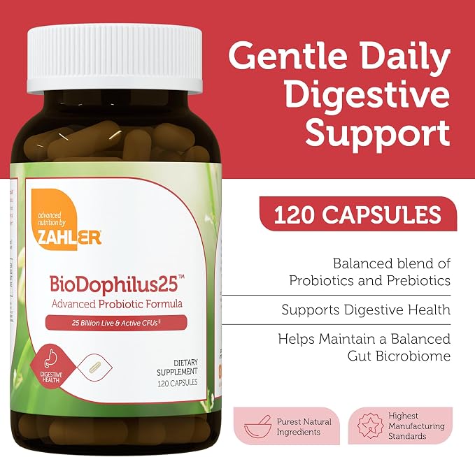 Zahler BioDophilus25, 25 Billion CFU Probiotic + Prebiotic - 11 Strains Daily Probiotic Supplement - Kosher Probiotics for Women for Digestive Health, Probiotics for Men for Gut Health (120 Capsules)