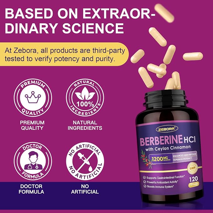 ZEBORA Premium Berberine HCL Supplement 1200 mg, Berberine GLP-1 Support with Ceylon Cinnamon, ALA & Capric Acid, Supports Immune & Antioxidant, Non-GMO, 120 Capsules