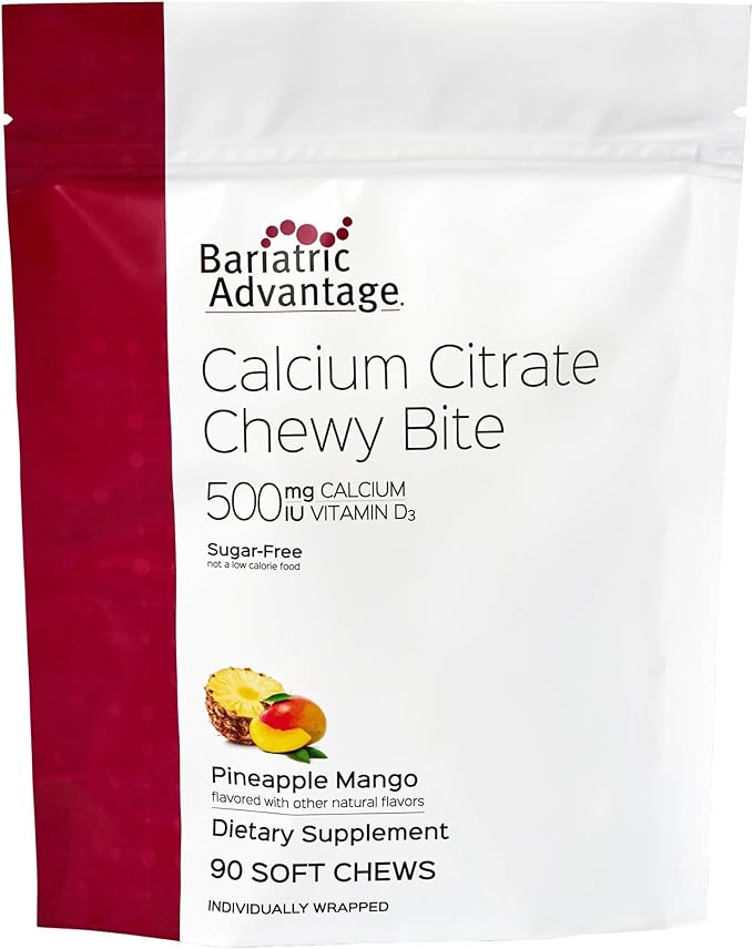 Bariatric Advantage Calcium Citrate Chewy Bites 500 mg - Highly Absorbable & Digestible - Vitamin D3 - Easily Chewable Calcium Supplement - Pineapple Mango - 90 Count