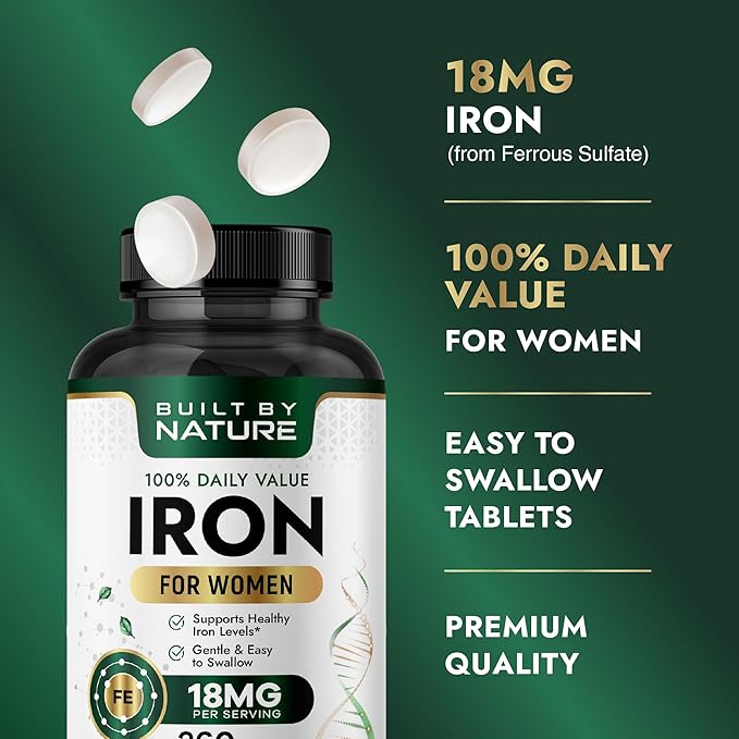 Built By Nature Iron Supplement – 100% Daily Value Iron Pills for Women – 18 mg Iron Tablets for Energy & Anemia Support – 360 Tablets