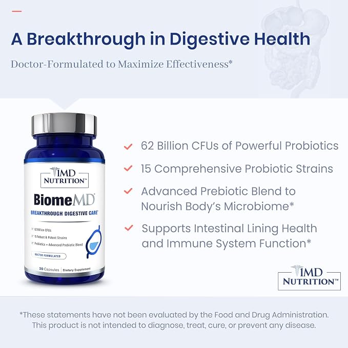 1MD Nutrition BiomeMD Probiotics | 62 Billion CFUs, 15 Comprehensive Strains - Pro & Prebiotics | Doctor-Formulated for Digestive Health & Immune Support | 60 Capsules