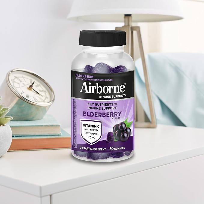 Airborne Elderberry + Zinc & Vitamin C Gummies For Adults, Immune Support Vitamin D & Zinc Gummies With Powerful Antioxidant Vitamins C D & E - 50 Gummies, Elderberry Flavor