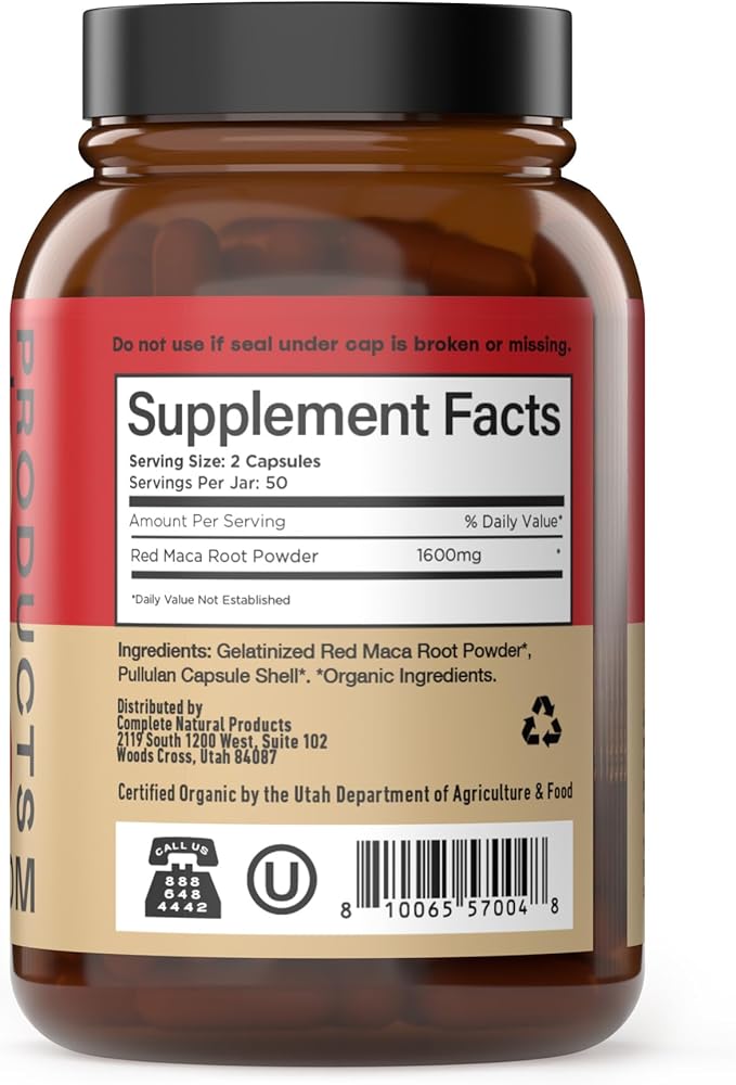 Organic Red Maca Root Capsules 800mg - Gelatinized Red Maca Powder Supplement, Plant Based Vegetarian Pills, Non GMO Clean Formula, 100 Count Glass Bottle, Made in USA Certified Organic Supplement