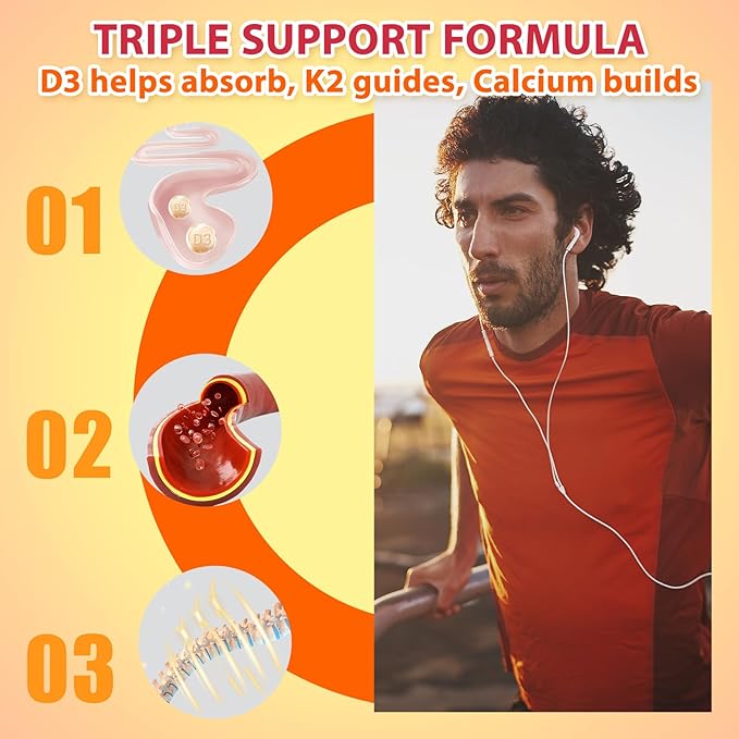Sugar Free Vitamin D3 K2 Gummies with Calcium, 2000 IU D3 & 200 mcg K2(MK-7) & 200 mg Calcium, Supports Healthy Bones & Immune Health, Gluten Free, GMO Free, Yellow Peach, 60 Count
