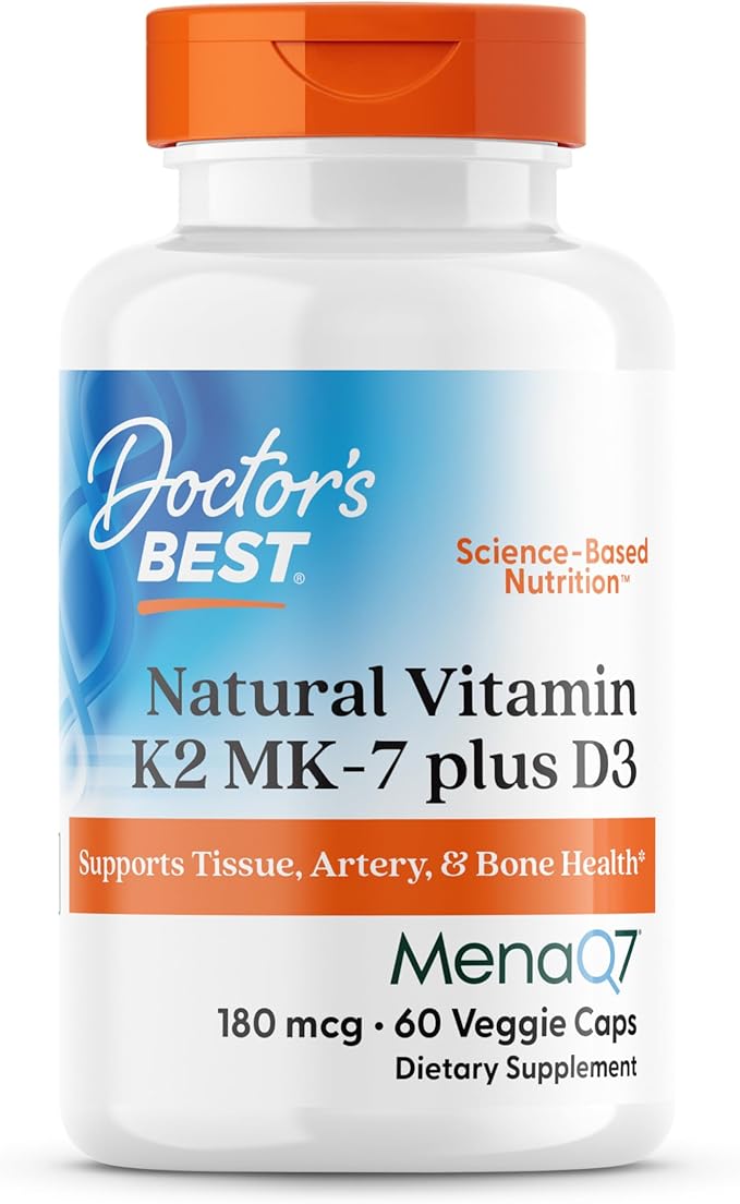 Doctor's Best Natural Vitamin K2 MK-7 Plus D3 - VIT D3 and K2 MK7 Supplement for Men & Women, Supports Tissue, Artery, & Bone Health, Non-GMO, Gluten Free, Soy Free, Vegetarian - 60 Veg Caps