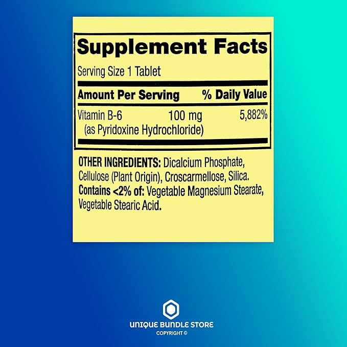 Vitamin B6 100mg – 250 Tablets, High Potency Vitamin B6 Supplement for Metabolism Support, B6 Vitamins for Men and Women, Gluten Free, Vegetarian Formula (Pack of 2)