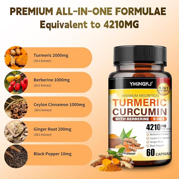 Turmeric Curcumin Supplement with Black Pepper & Bioactive Botanicals, Turmeric,Ginger, Berberine, Ceylon Cinnamon – Premium Supplement for Daily Wellness Support 60 Capsules