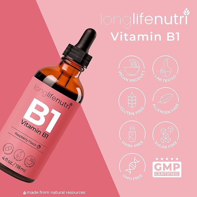 LongLifeNutri Vitamin B1 Liquid Drops - Thiamine Mononitrate Organic Supplement for Energy and Nerve Health, Fast Absorption, 4 FL OZ, 5-Month Supply, Lab Tested, Made in USA