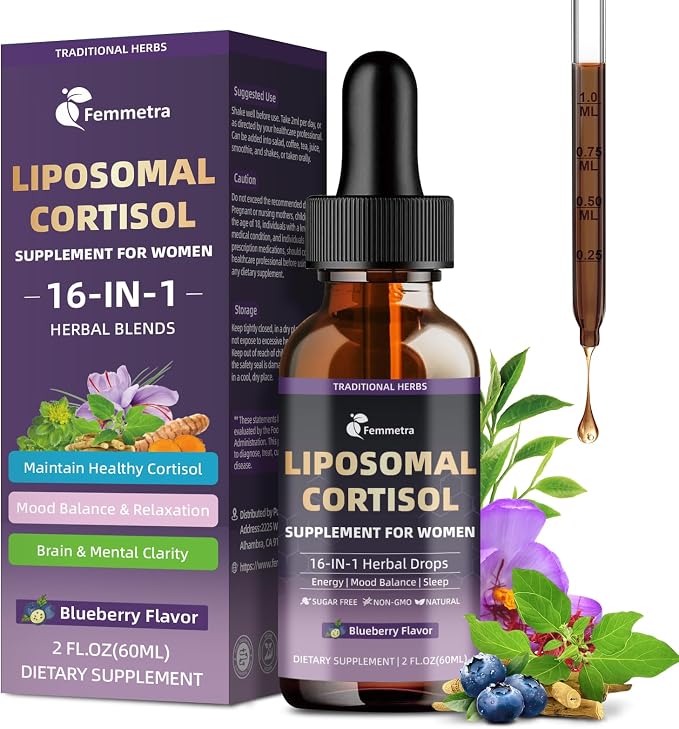 16-IN-1 Liposomal Cortisol Supplements Drops for Women, Melatonin-Free | Cortisol Reducer with Ashwagandha,L-Theanine,Myo-Inositol & Magnesium for Relaxation,Stress & Sleep,Blueberry Flavor, 2 Fl Oz