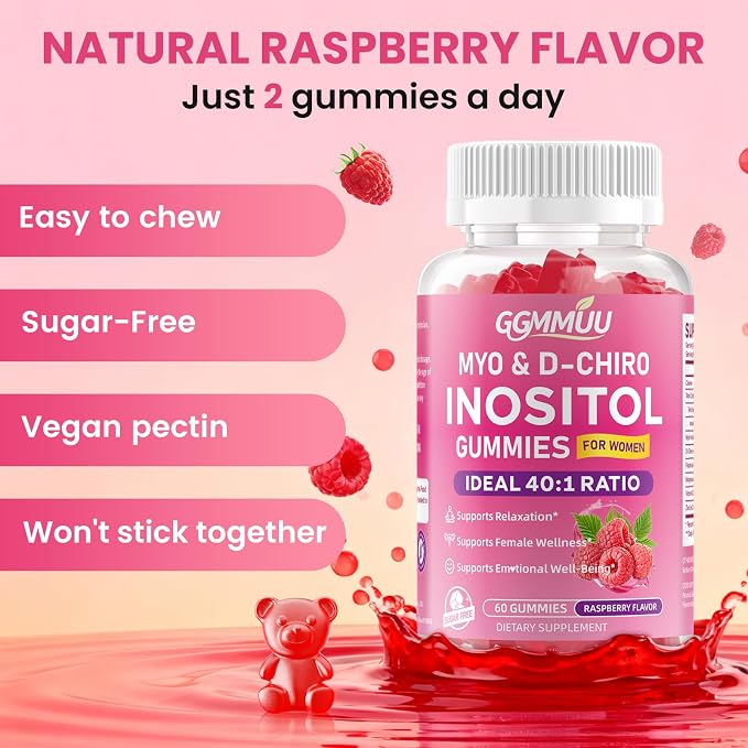 2 Pack Myo-Inositol & D-Chiro Inositol Gummies for Women 1000mg + 25mg Ideal 40:1 Ratio with Vitamin D3, Magnesium Glycinate, Folate & Zinc for Female, Raspberry Flavor, 120 Count