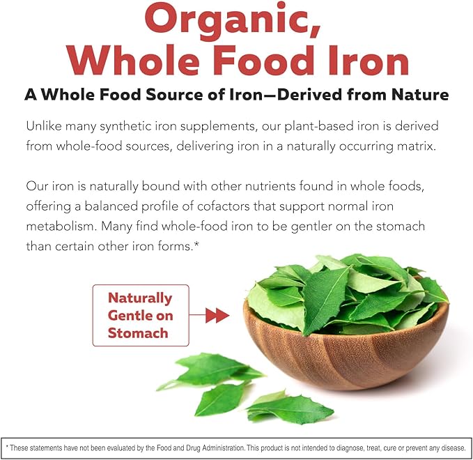 Organic Iron Supplement | Whole Food Mineral & Cofactors, 25 mg Elemental | Enhanced Absorption Plus Blood Health Vitamins – Gentle Form – Supports Healthy Levels & Blood Health – 90 Capsules