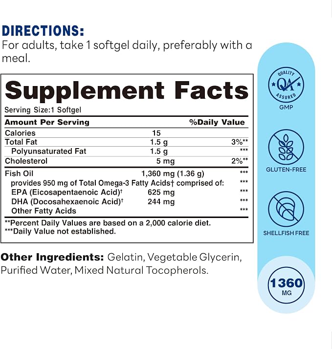 Vitamin World Triple Strength Omega 3 Fish Oil 1360 mg Supplement, 950 mg Active Omega-3 Fatty Acids with EPA & DHA, Supports Heart, Brain & Joint Health, Gluten Free, 180 Softgels, 6 Months Supply