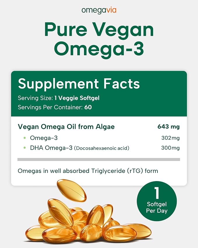 OmegaVia Vegan Omega 3 Supplement, Algae Omega 3 Fish Oil Alternative, 300mg Vegan DHA Fatty Acids, Plant Based, Planet and Ocean Friendly, IAOS 5 Star Tested, 60 Softgels