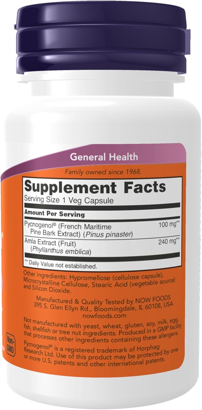 NOW Foods Supplements, Pycnogenol 100 mg (a Unique Combination of Proanthocyanidins from French Maritime Pine) with Amla, 60 Veg Capsules