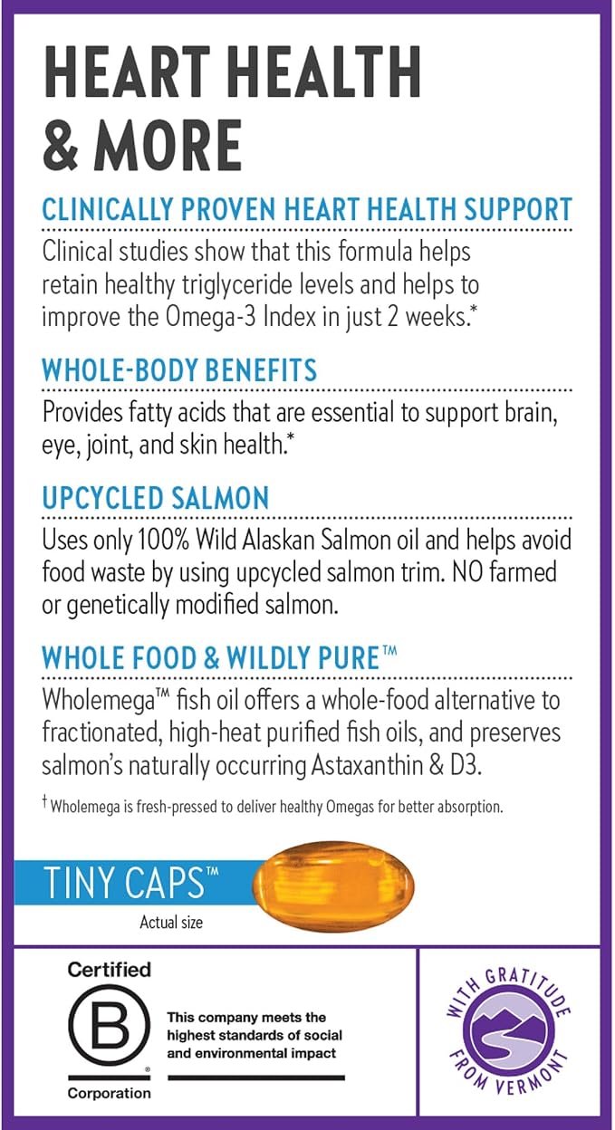 New Chapter Wholemega Fish Oil Supplement, Tiny Capsules, 2000mg per Serving, Clinically Proven Wild Alaskan Salmon Oil with Omega-3 + Vitamin D3 + Astaxanthin, 500mg per softgel - 180 Count