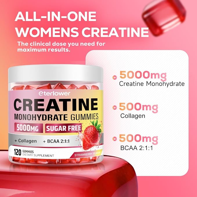 Creatine for Women with BCAAs & Collagen, Creatine Monohydrate Gummies for Lean Muscles, Energy, Gomitas de Creatina para Mujer, Pre + Post Workout, Sugar Free, Strawberry Flavor, 120 Ct