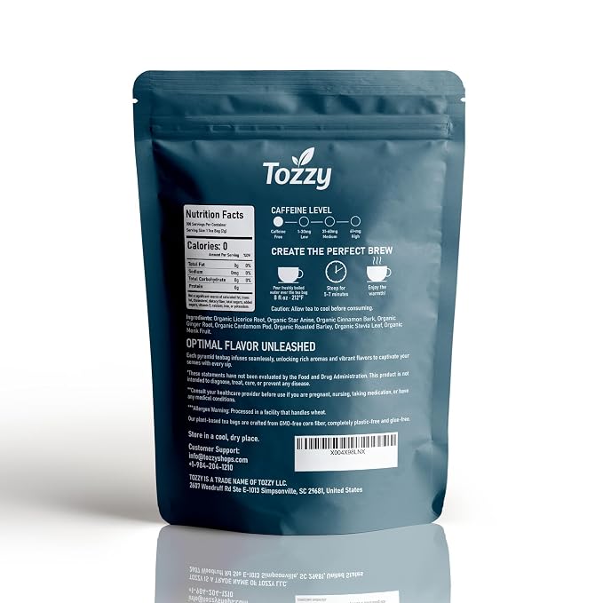 Tozzy Organic Stress Relief Tea – 6 Super Herb Calming Spiced Blend – Caffeine-Free with Licorice Root, Ginger & Cinnamon – Smooth, Naturally Sweet – 100 Pyramid Tea Bags