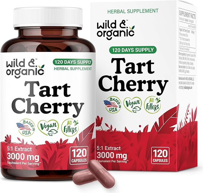 Wild & Organic Tart Cherry Capsules 600 mg - Uric Acid Support - Tart Cherry Powder Supplement - Prunus Cerasus Fruit Extract - 120 Days of Supply - Vegan, No Fillers, Non-GMO - 120 Count