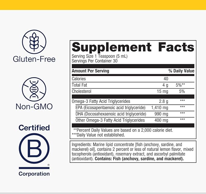 Metagenics OmegaGenics EPA-DHA 2400 mg - High Potency Liquid Fish Oil Supplement for Heart Health & Immune Support* - Sustainably Sourced - Lemon Flavor - Non-GMO & Gluten-Free - 30 Servings