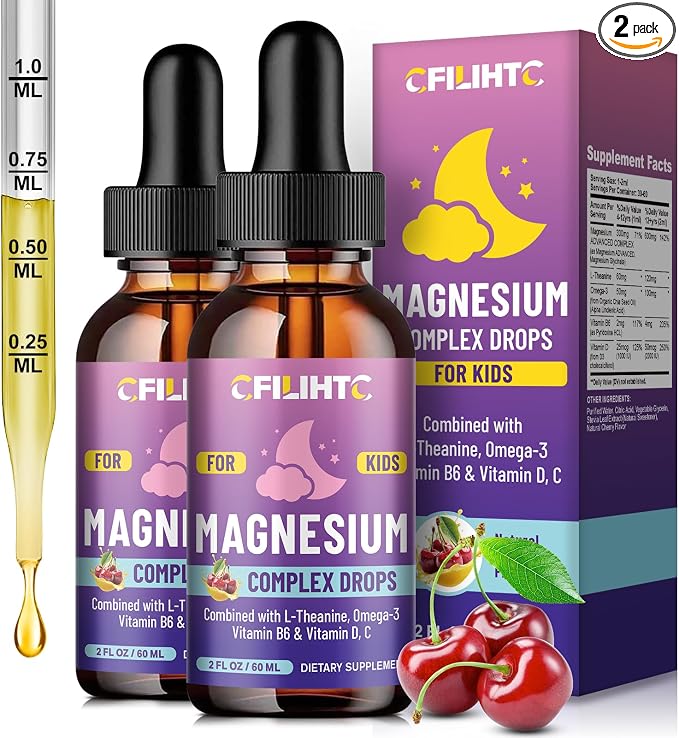 Kids Magnesium Liquid Drops-Magnesium Glycinate Liquid for Kids Supplement-w/L-theanine, Omega-3, Vitamin B6, D3 - for Sleep, Relaxation, Brain, Bones - Cherry Flavor, 4 Fl Oz