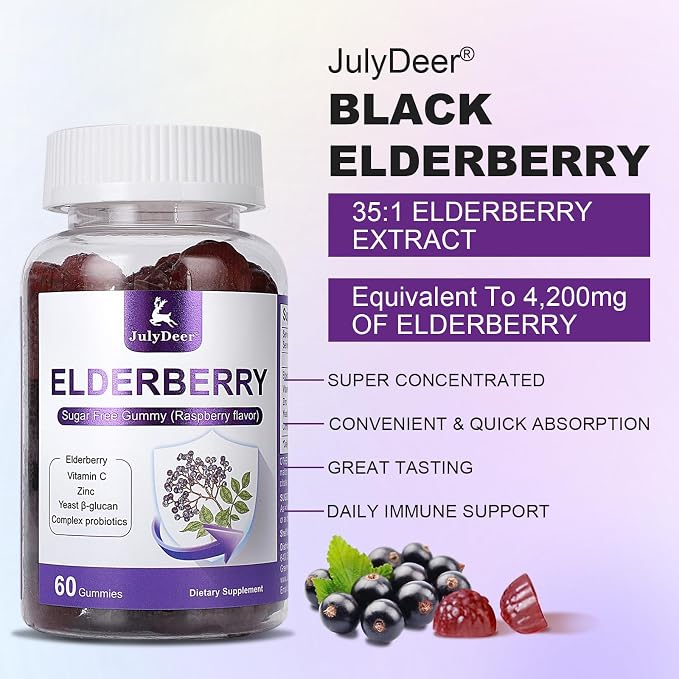 60 Gummies Sambucus Elderberry Gummies - Immune Support for Adults and kids 4+ 5 in 1 with Vitamin C, Zinc, Yeast β-glucan, Probiotics Complex, Nature Elderberry Supplement, Non-GMO, Gluten Free