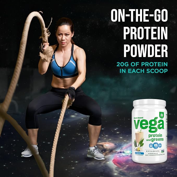 Vega Premium Protein + Supergreens, Vanilla – 20g Vegan Protein, Dairy & Gluten Free, 21.7 oz (20 Servings)
