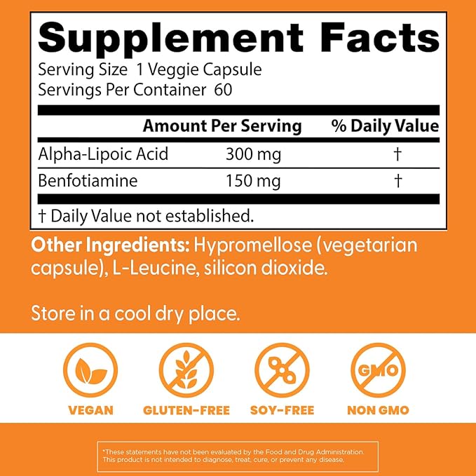 Doctor's Best Benfotiamine + Alpha Lipoic Acid (ALA) Nutritional Supplement - Support for Glycemic Balance & Metabolic Response, Benfotiamine 150 mg & Alpha-Lipoic Acid 300 mg Capsules - 60 Veg Caps